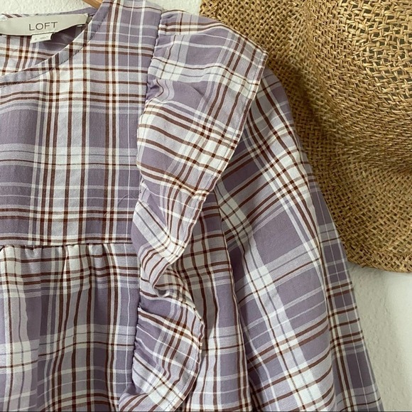 LOFT Frosted Lavender Plaid Ruffle Cropped Blouse S Small - Picture 6 of 11